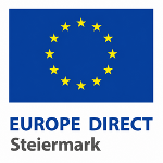 Logo EUROPE DIRECT Steiermark: Europäische Flagge über dem Schriftzug 'EUROPE DIRECT Steiermark'.