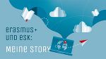 Illustration zum Thema Erasmus+ und ESK: Bücher, Wolken und ein Laptop mit Weltkarte symbolisieren internationale Bildung.