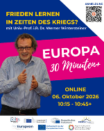 Werbeplakat für Online-Vortrag zum Thema Frieden. Im Vordergrund eine Person, im Hintergrund EU-Logos.
