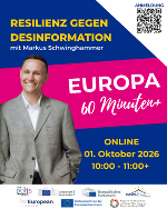 Werbeplakat für Online-Veranstaltung zum Thema Desinformation. Farbiger Hintergrund, Titel und Datum.