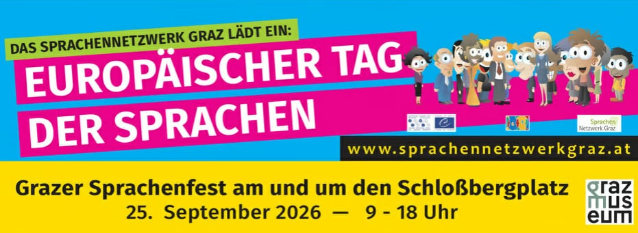 Werbeplakat für den Europäischen Tag der Sprachen in Graz am 25. September 2026. Diverse Menschen sind illustriert. #Sprachenvielfalt #Graz